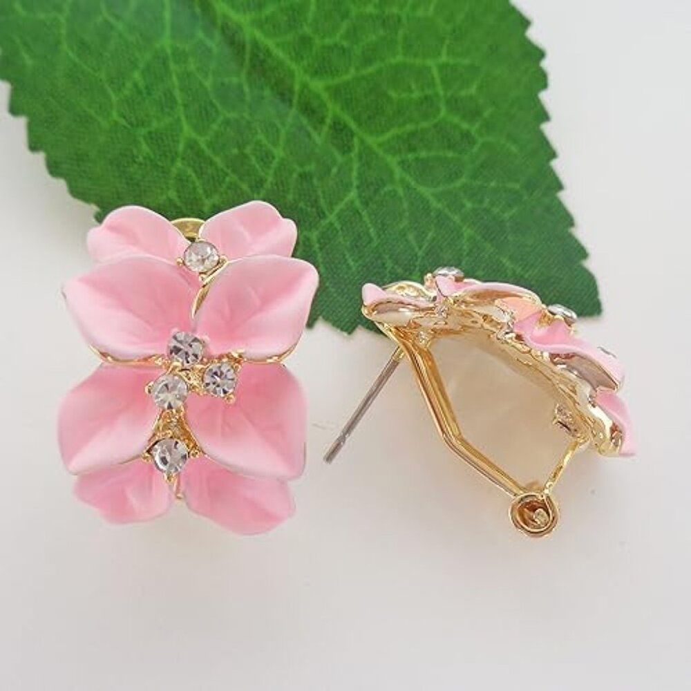 Neiman Marcus 18k Gold Plated White Crystal Pink Flower Omega Earrings